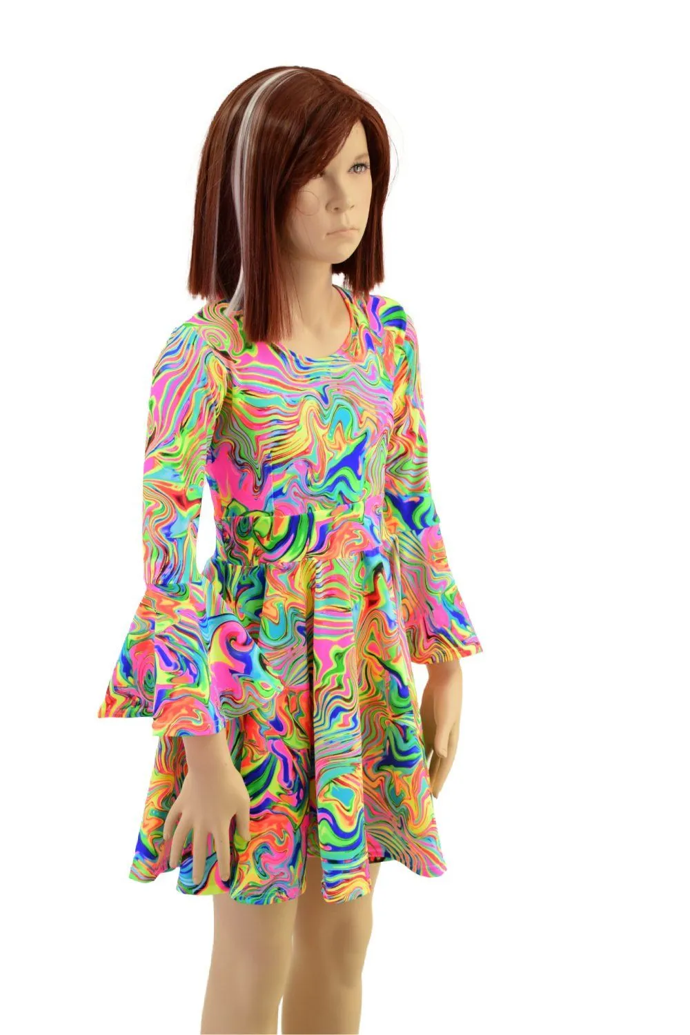 Girls Trumpet Sleeve Skater Dress in Neon Flux