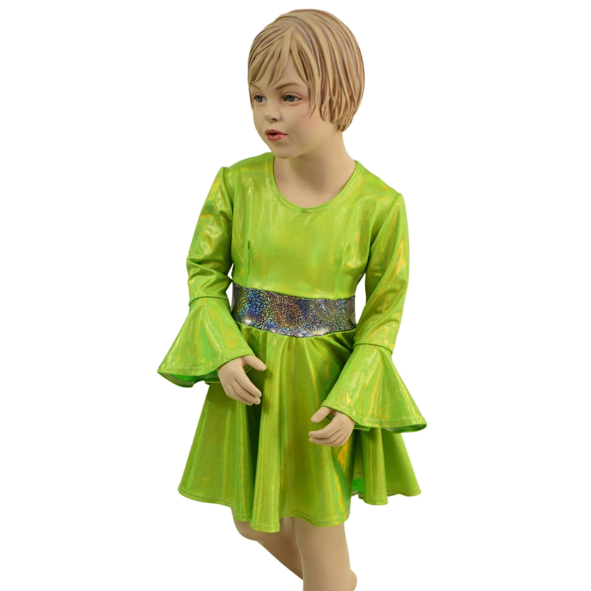 Girls Trumpet Sleeve Skater Dress in Neon Lime