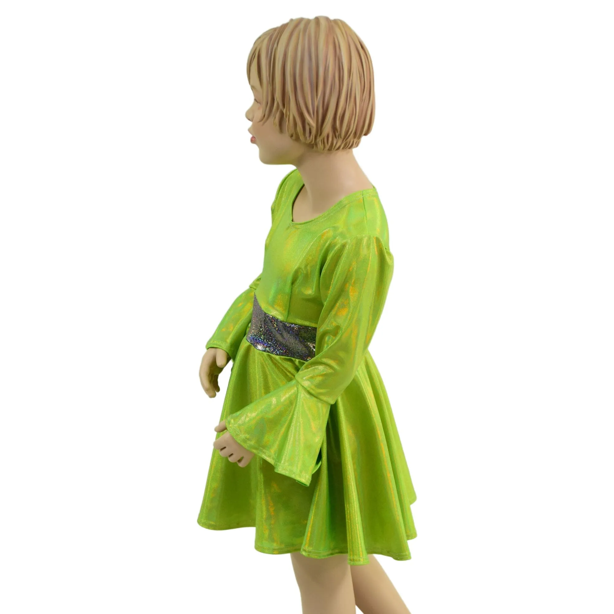 Girls Trumpet Sleeve Skater Dress in Neon Lime