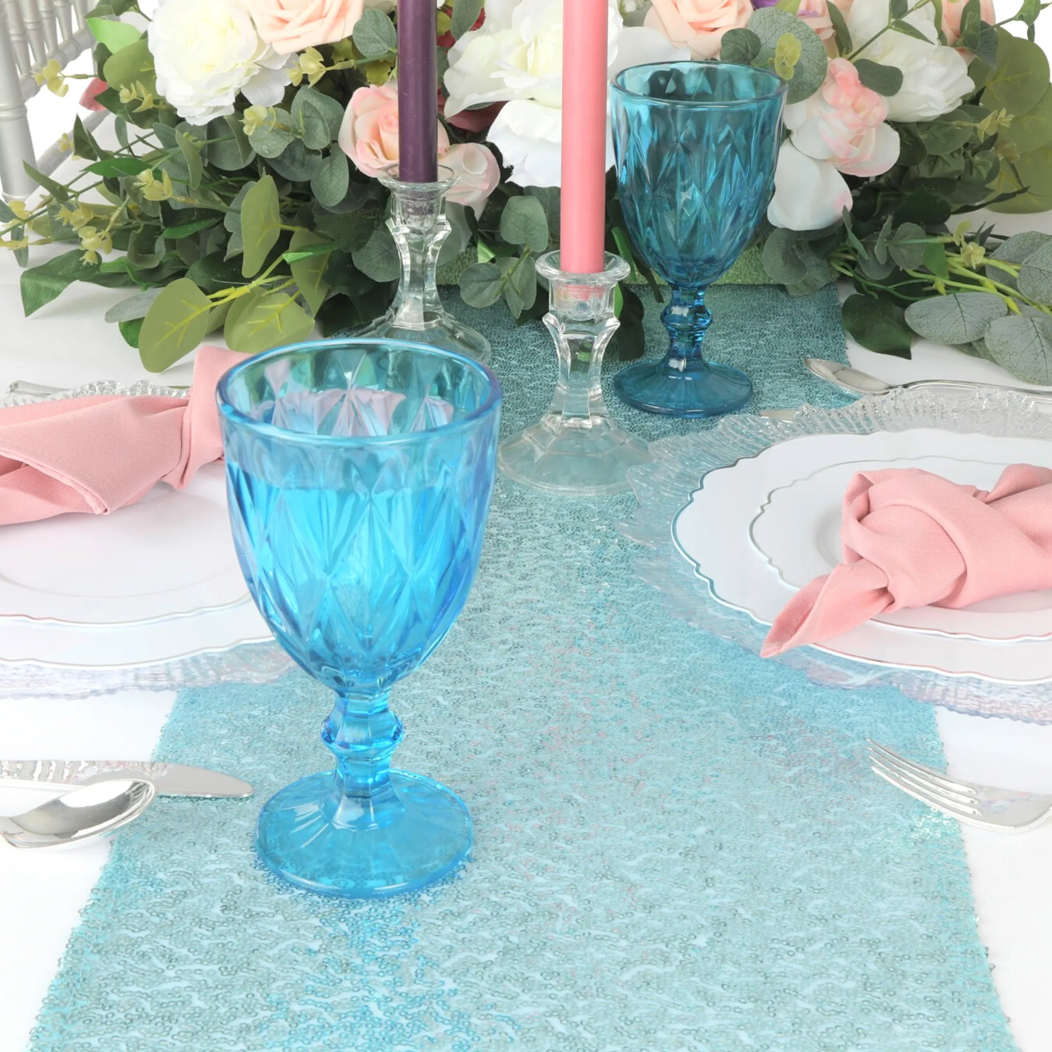 Glitz Sequin Mesh Net Table Runner 12"x108" - Baby Blue