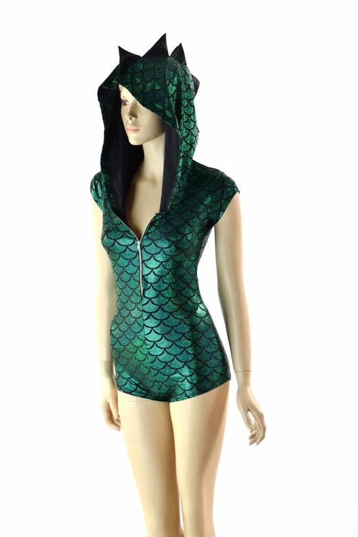 Green & Black Zipper Front Dragon Romper