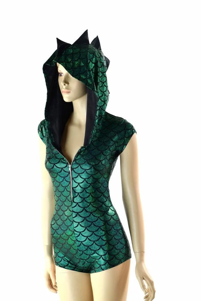 Green & Black Zipper Front Dragon Romper