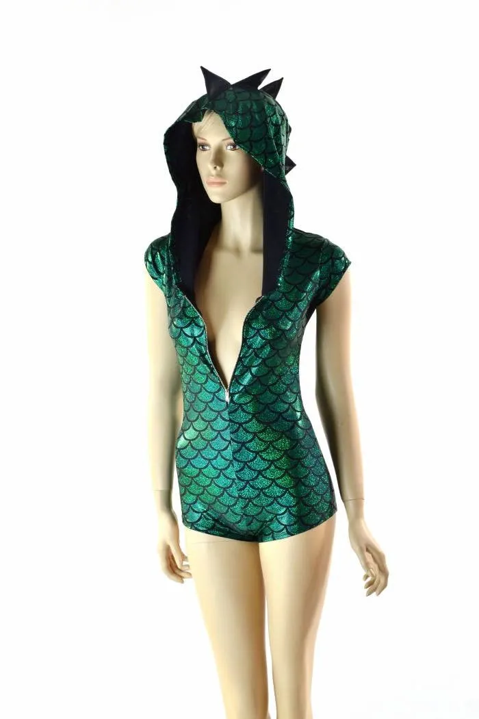 Green & Black Zipper Front Dragon Romper