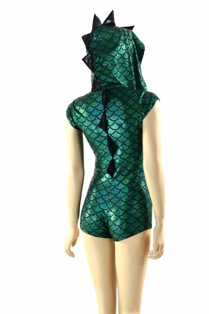 Green & Black Zipper Front Dragon Romper