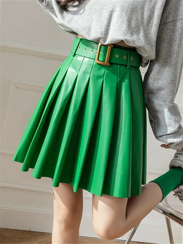 Green Pleated Women's With Belted 2024 New Sexy Mini Autumn Winter Skirt