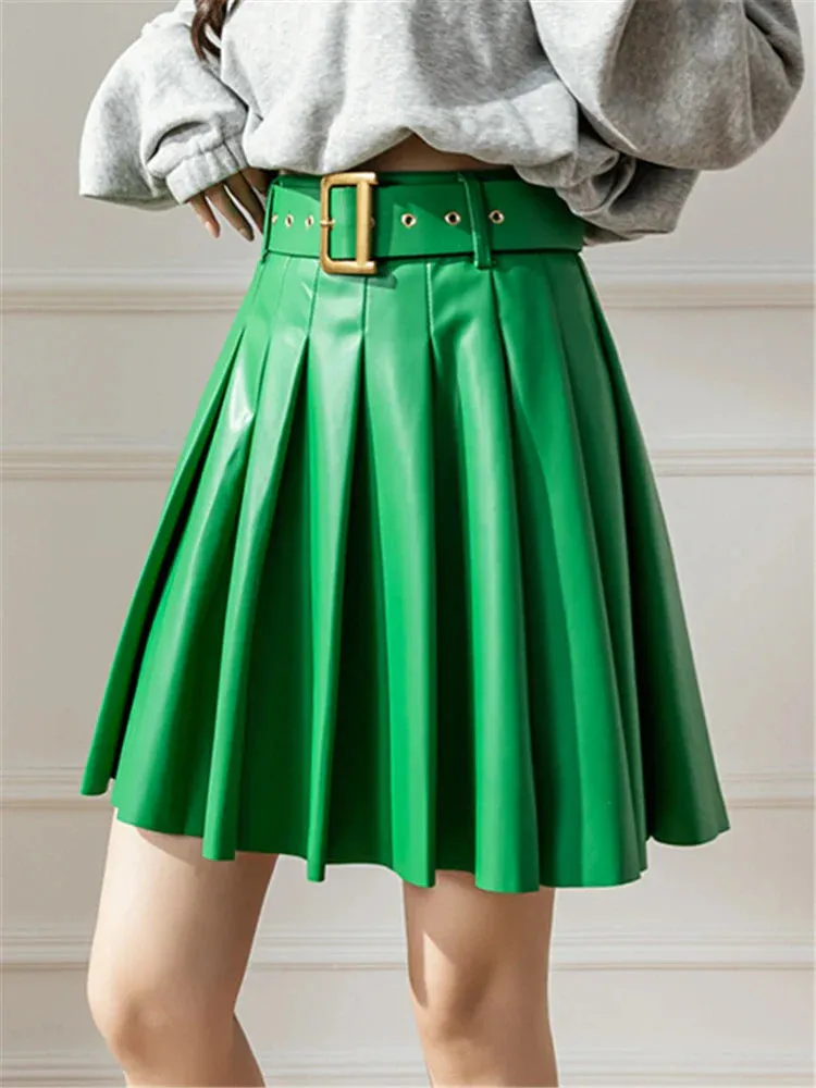 Green Pleated Women's With Belted 2024 New Sexy Mini Autumn Winter Skirt