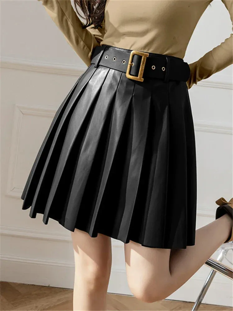 Green Pleated Women's With Belted 2024 New Sexy Mini Autumn Winter Skirt