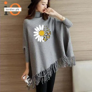 Grey Daisy Flower Printed Poncho