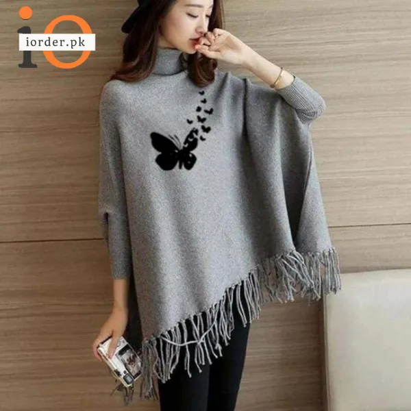 Grey Flying Butterfly Printed Poncho