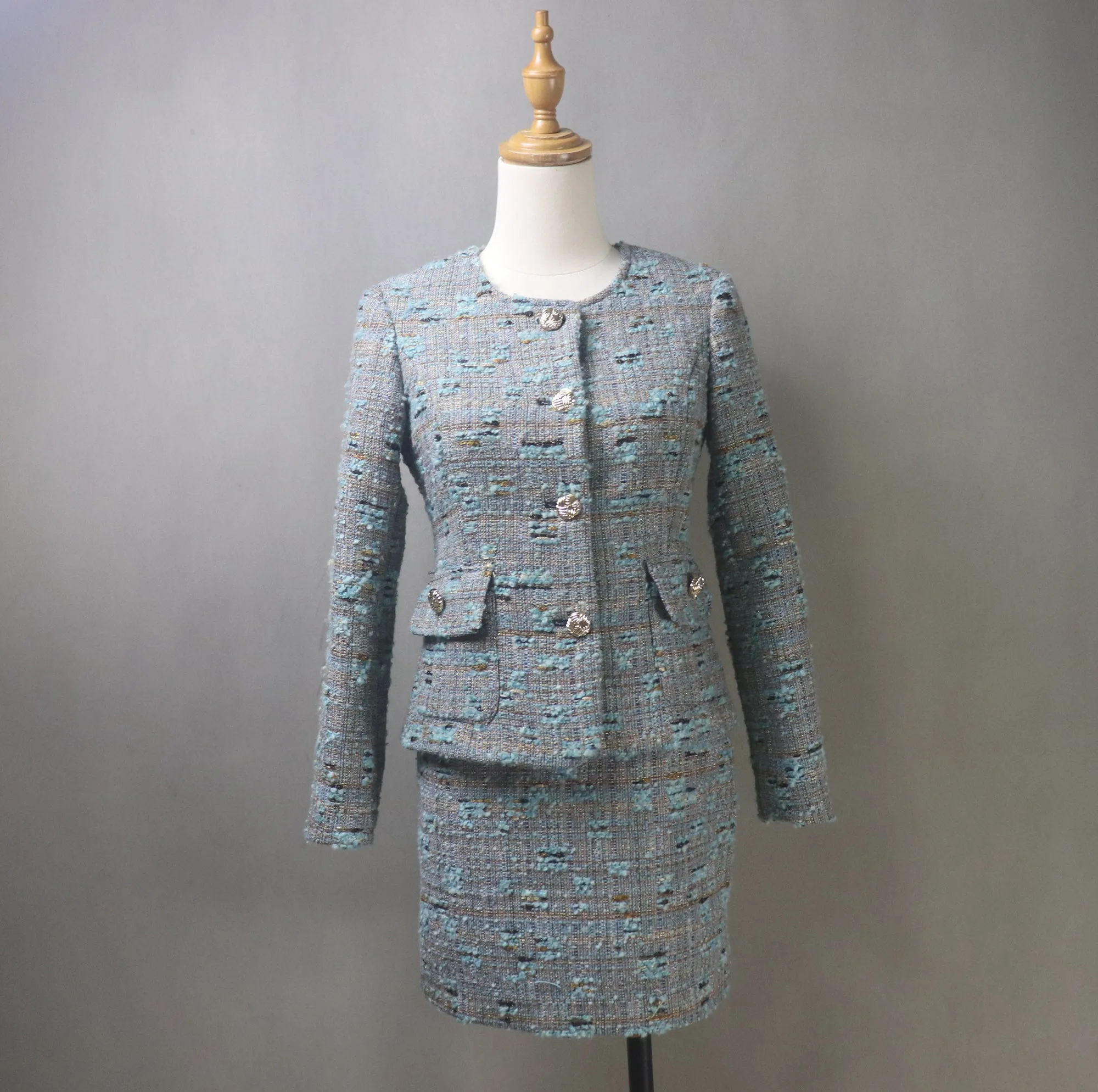 Grey Teal Tweed Skirt Suit