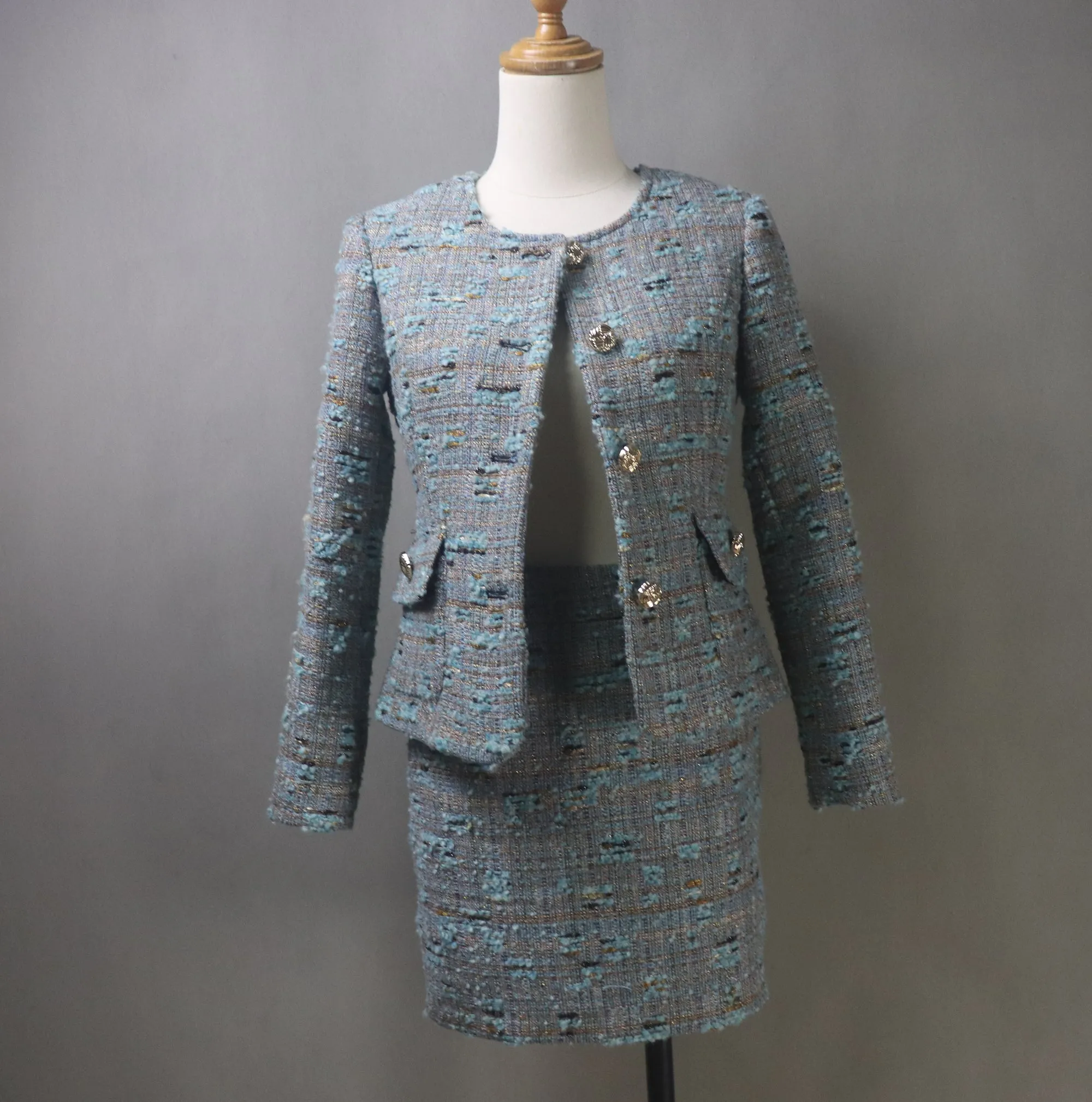 Grey Teal Tweed Skirt Suit