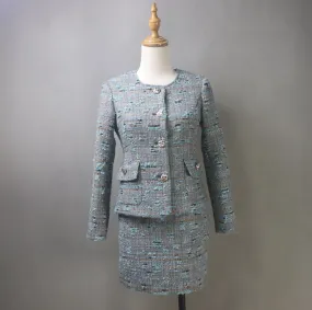 Grey Teal Tweed Skirt Suit