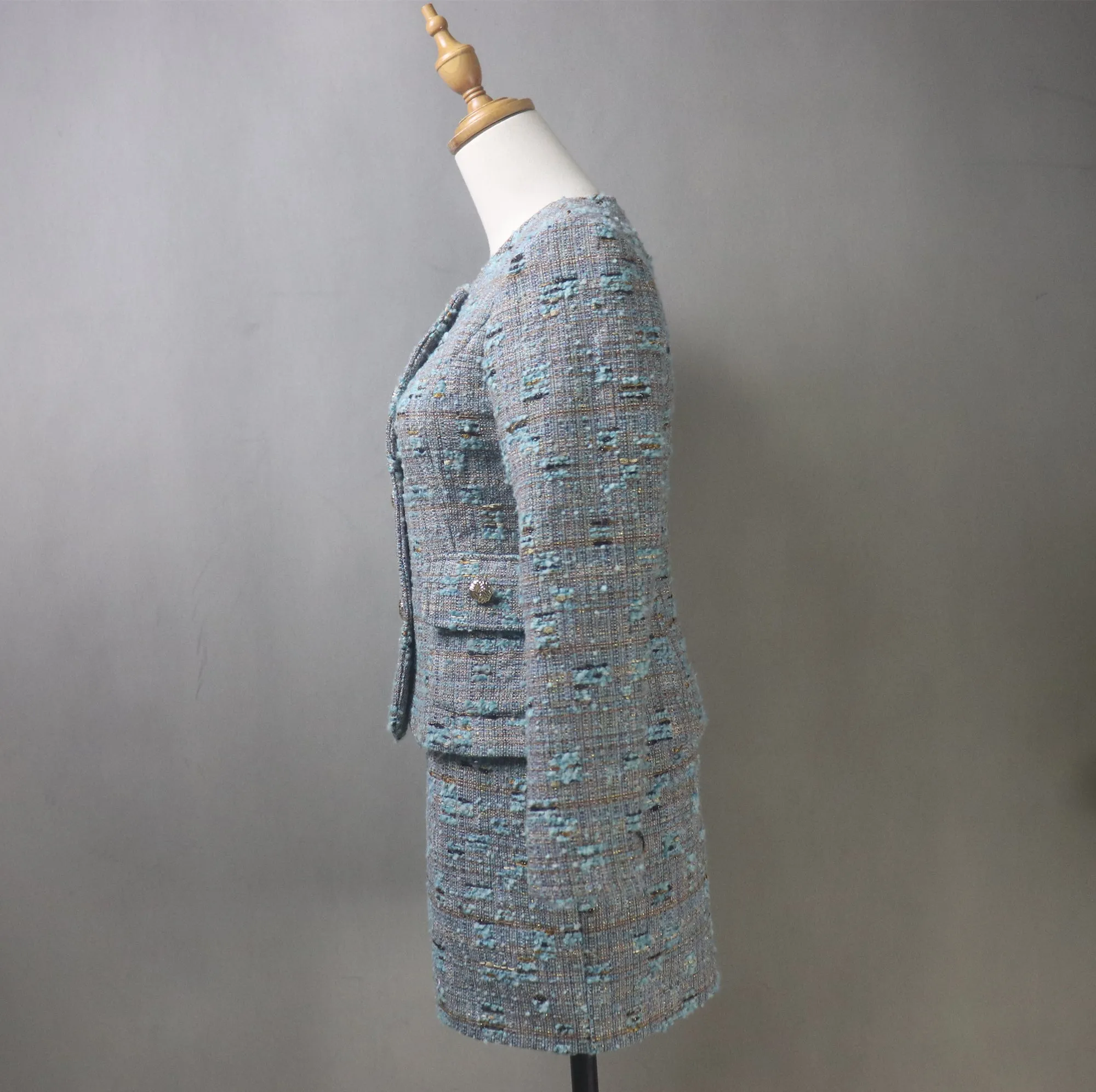 Grey Teal Tweed Skirt Suit