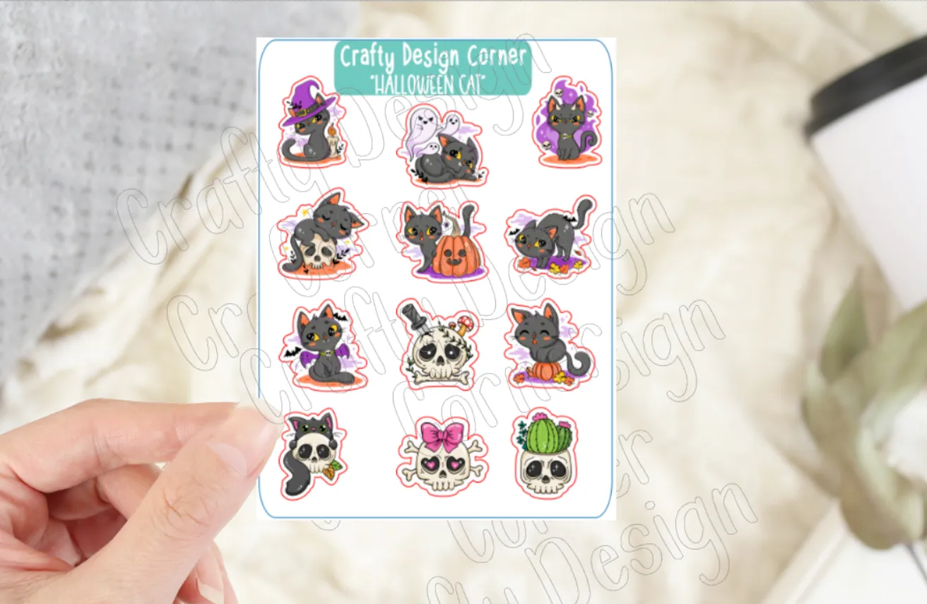 Halloween Cat stickers, Cats with Skulls sticker sheet, Matte Planner Sticker or Glossy Planner Sticker, Cute Cat skulls