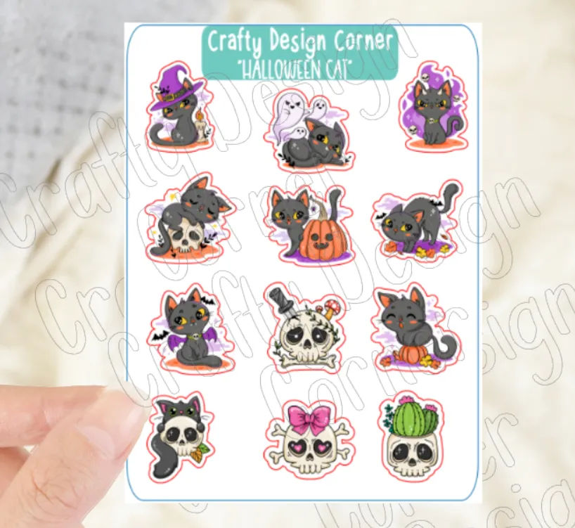 Halloween Cat stickers, Cats with Skulls sticker sheet, Matte Planner Sticker or Glossy Planner Sticker, Cute Cat skulls