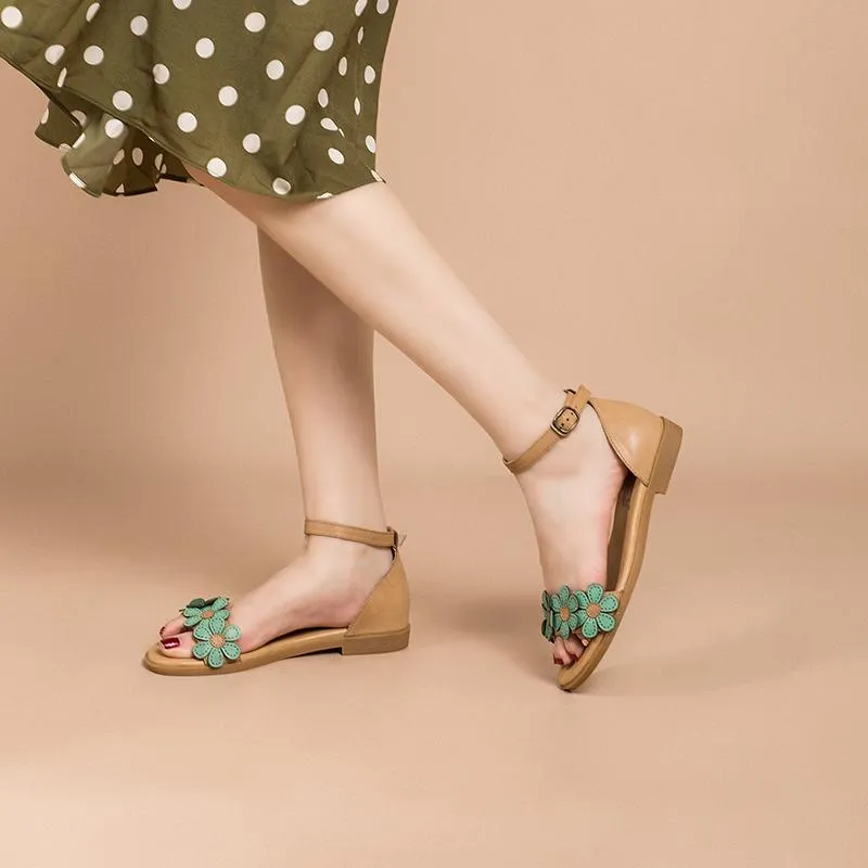 Handmade Leather Donddi Sandals For Women Flowers Green/Coffee/Yellow