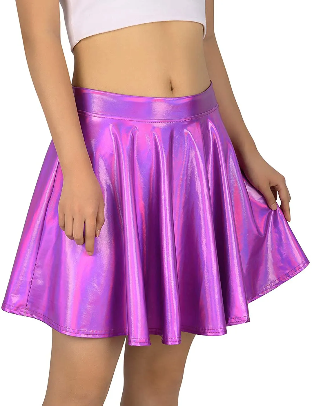 HDE Women's Shiny Liquid Metallic Holographic Pleated Flared Mini Skater Skirt