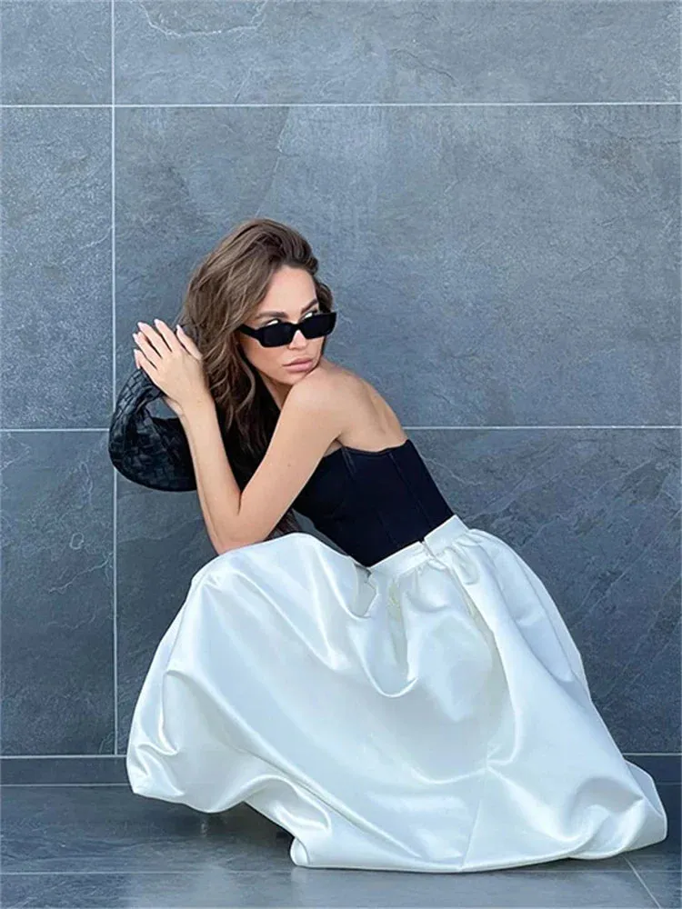 High White Fashion Satin Street Chic Spring Elegant New Pleated Skirt