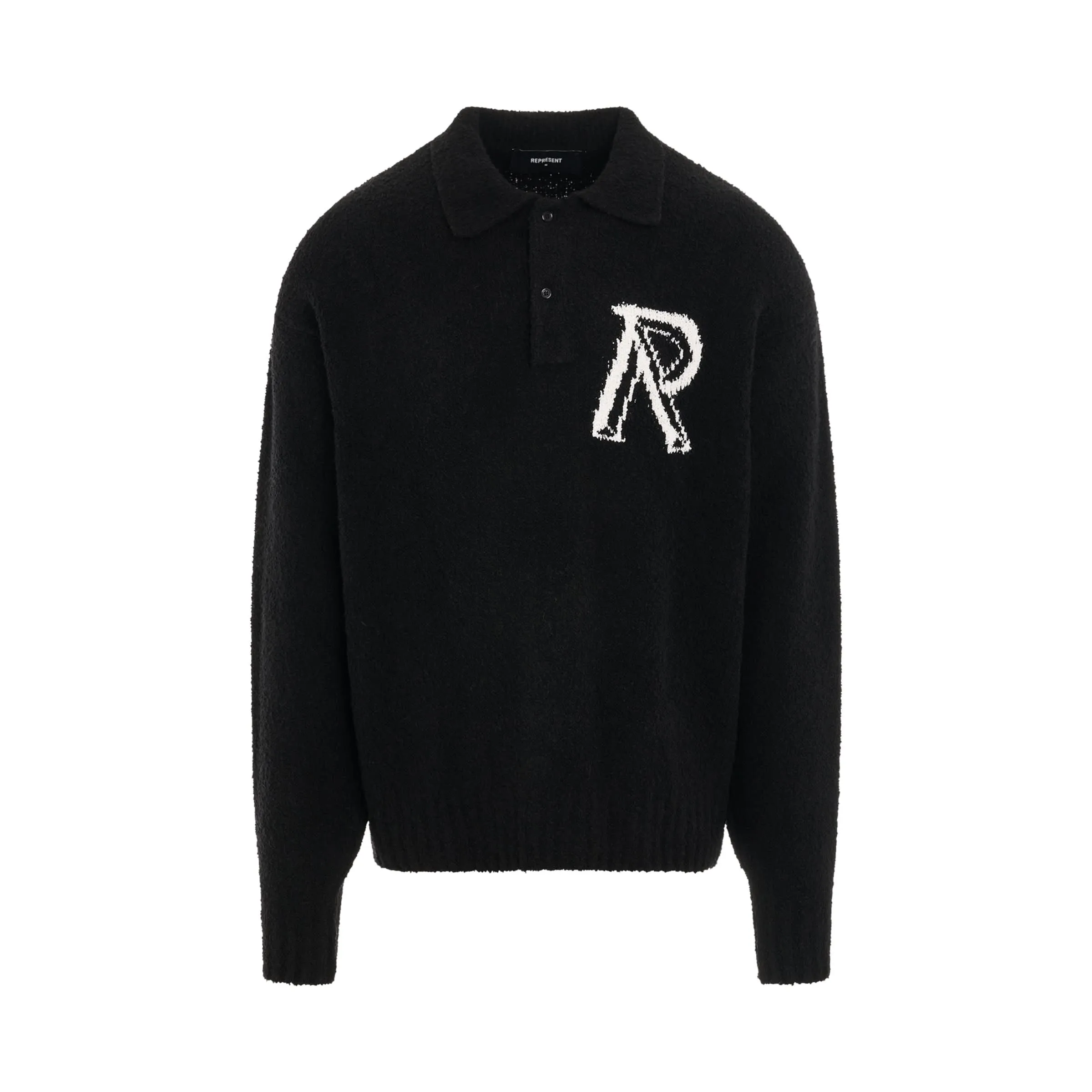 Initial R Boucle Polo Sweater in Black