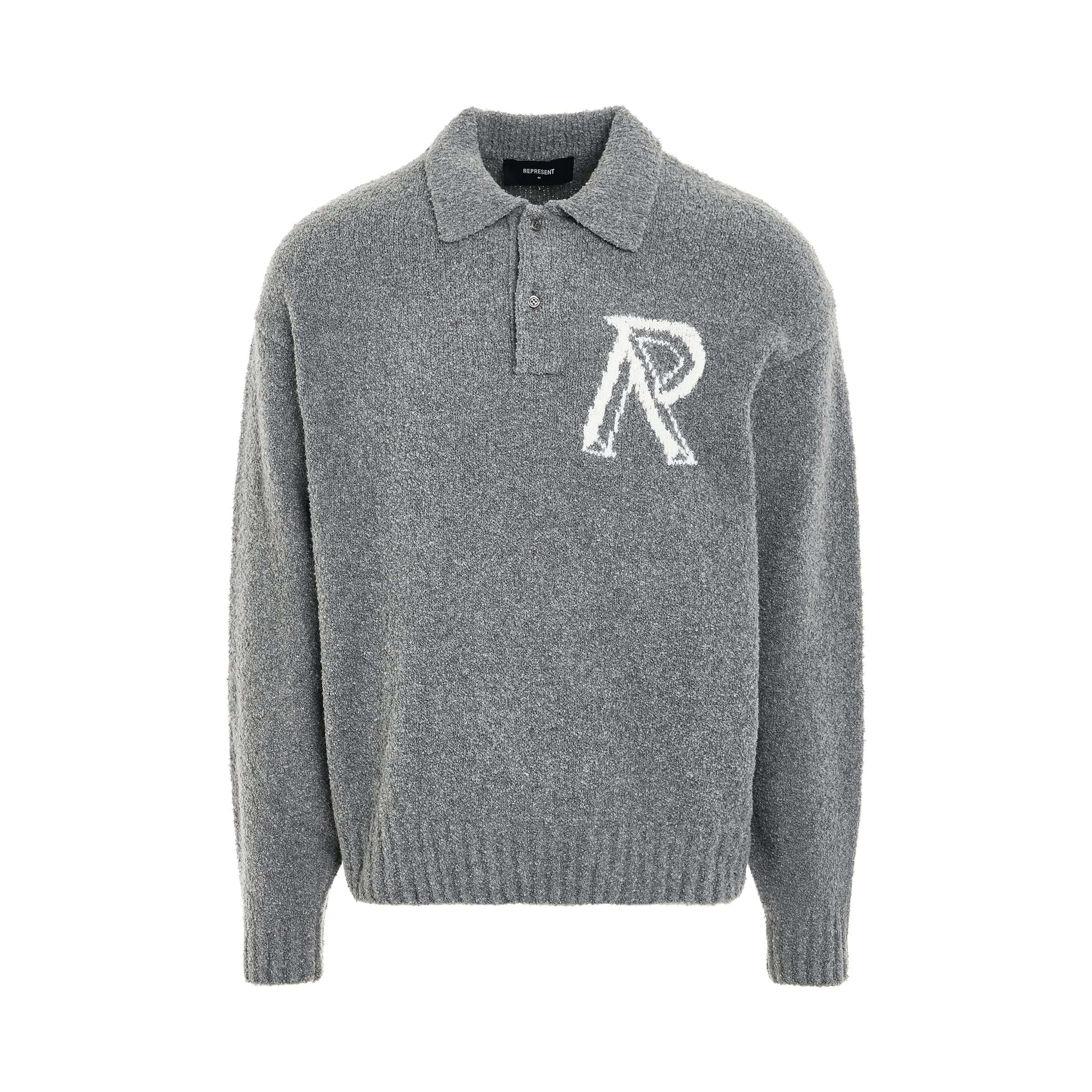 Initial R Boucle Polo Sweater in Grey