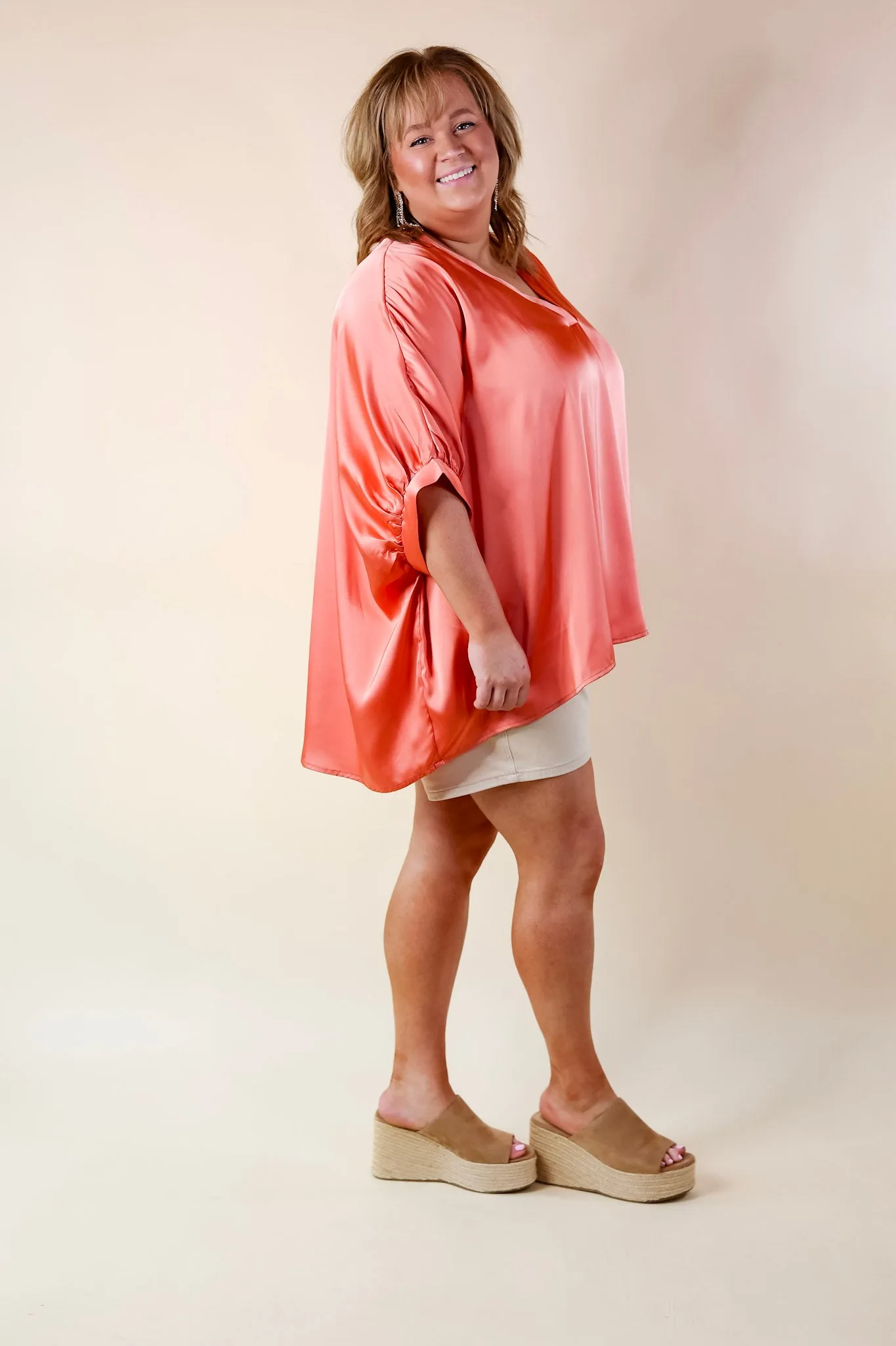 Irresistibly Chic Half Sleeve Oversized Blouse in Coral Orange