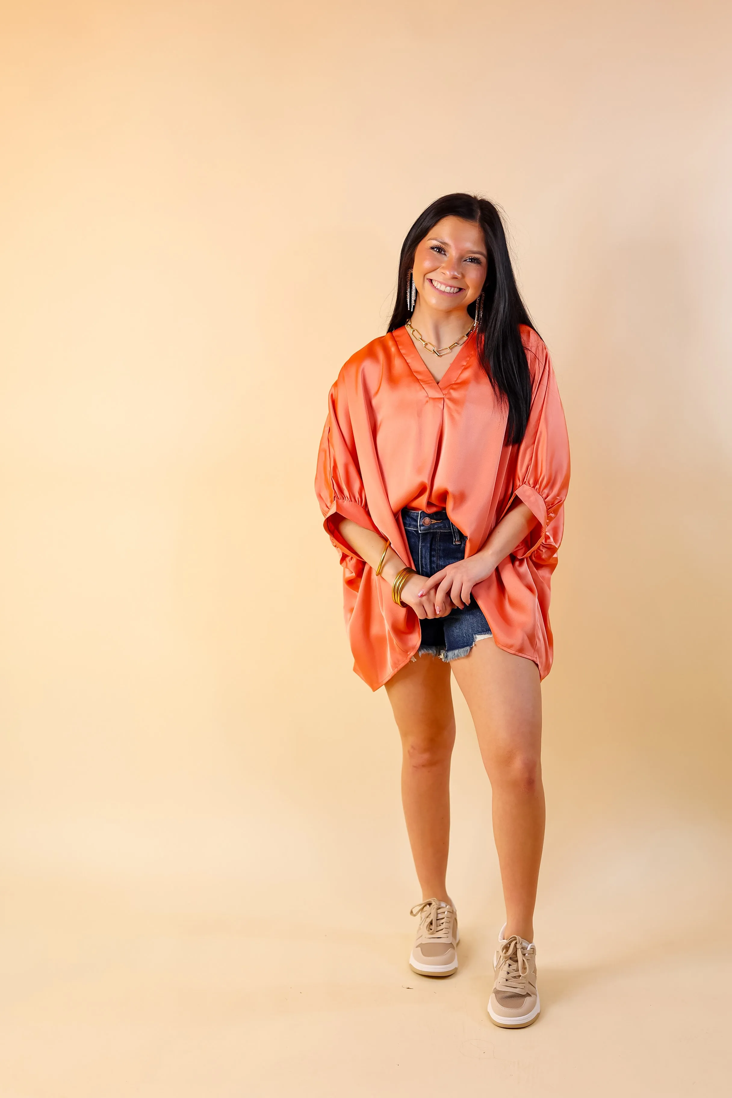 Irresistibly Chic Half Sleeve Oversized Blouse in Coral Orange