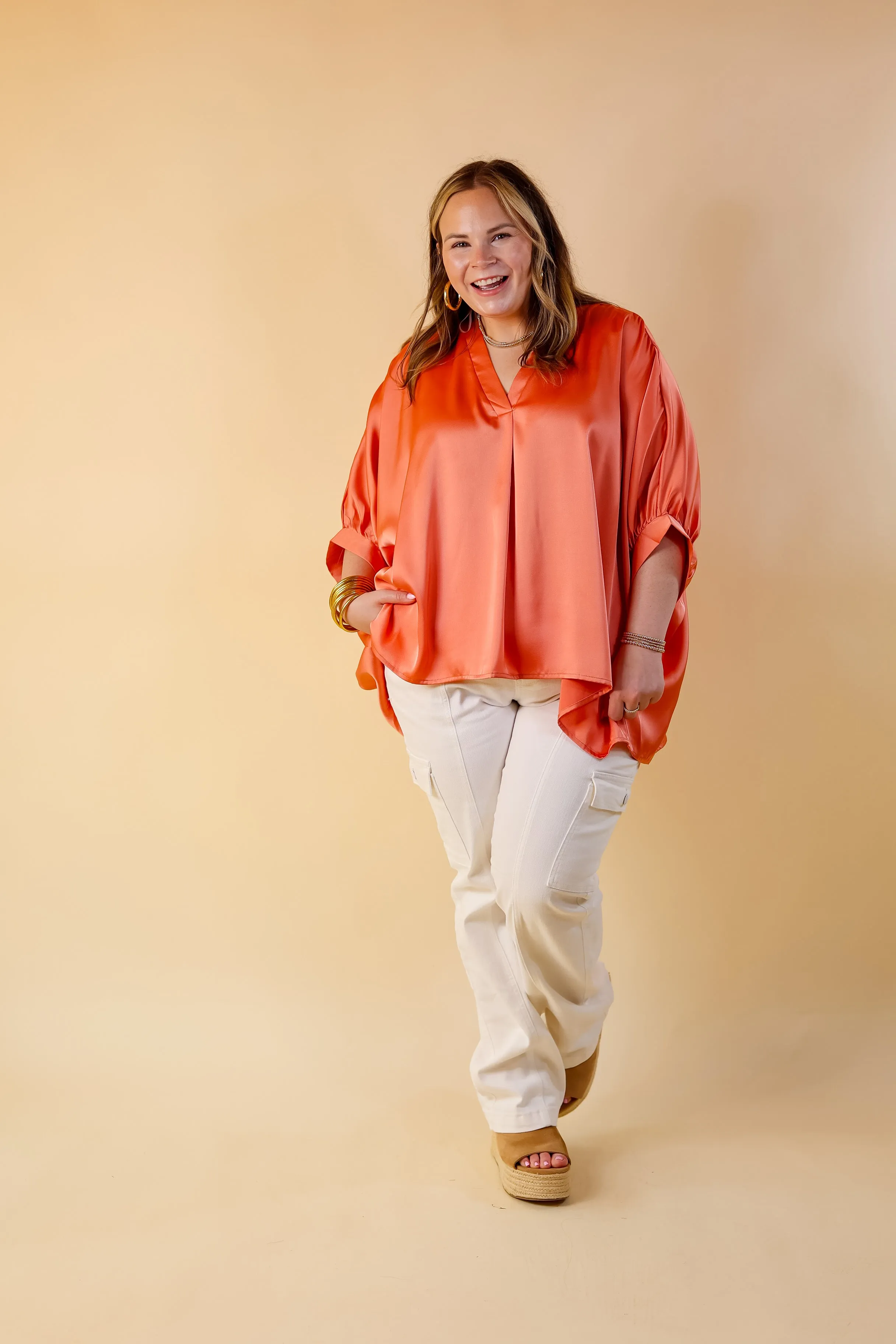 Irresistibly Chic Half Sleeve Oversized Blouse in Coral Orange