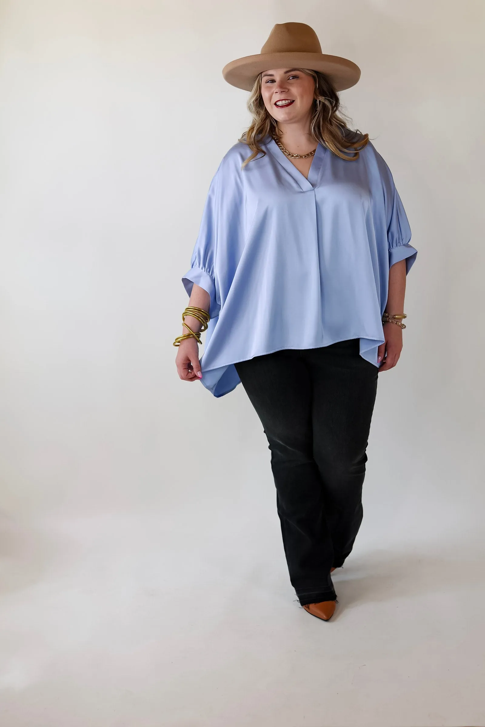 Irresistibly Chic Half Sleeve Oversized Blouse in Light Blue