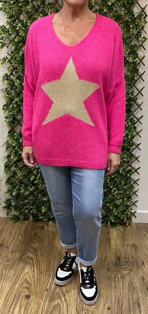 Julia V-Neck Soft Gold Lurex Large Star Jumper (5 Colours)