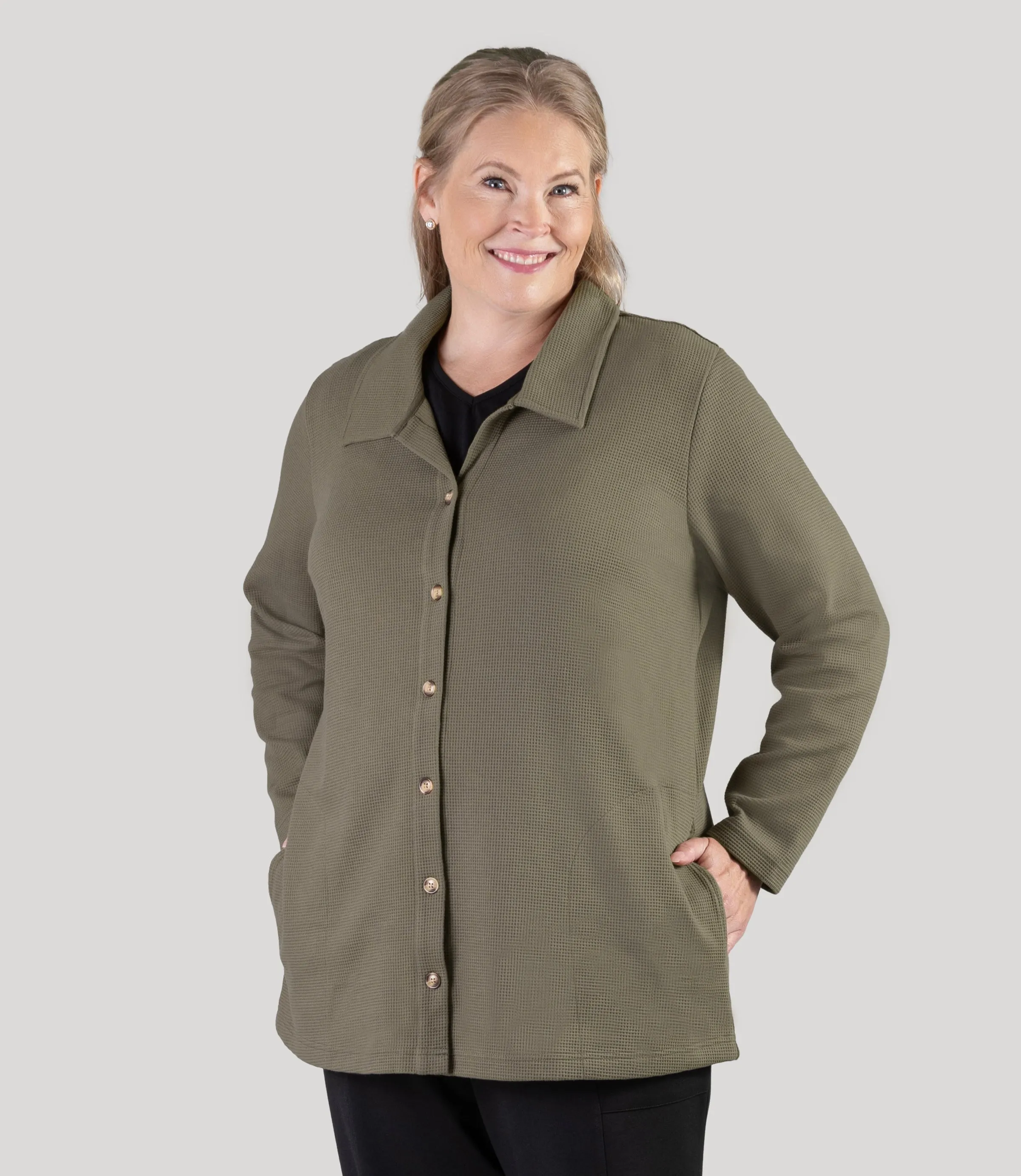 JunoWaffle Long Sleeve Button Front Tunic Jacket