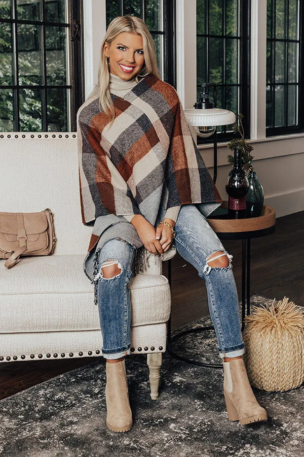 Key To Cozy Plaid Poncho In Brown