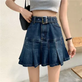 KittenAlarm - High Waist Pleated Ruffles Mini Denim Skirt