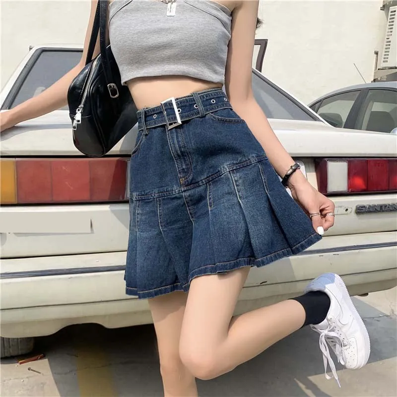 KittenAlarm - High Waist Pleated Ruffles Mini Denim Skirt