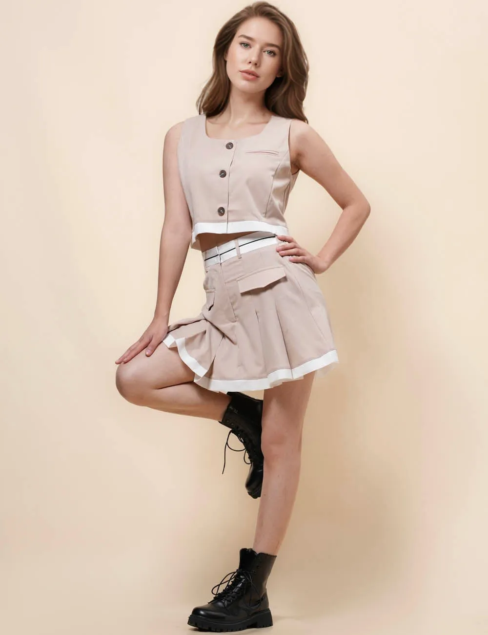 Ladies Button Vest & Pleated Skirt 2PCS Sets SKST413