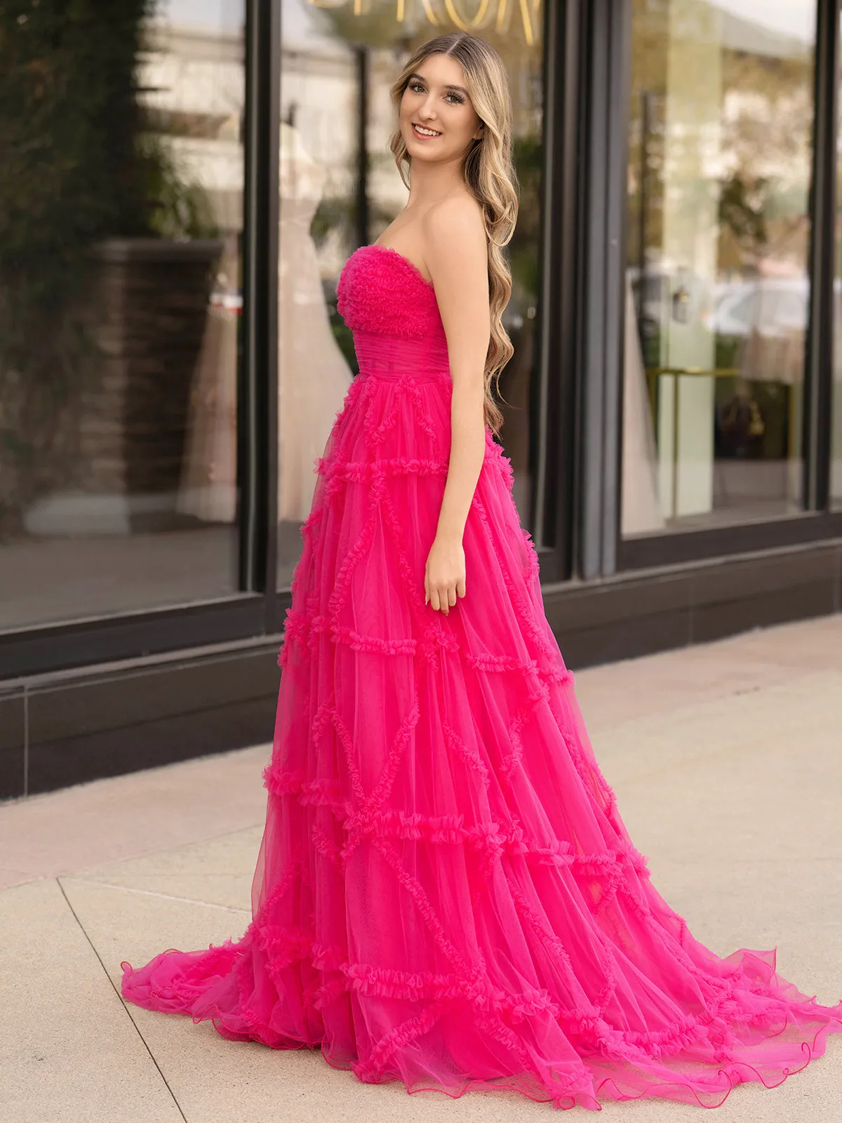 Lainey |A-Line Strapless Ruffles Long Formal Dress with Puff Sleeves