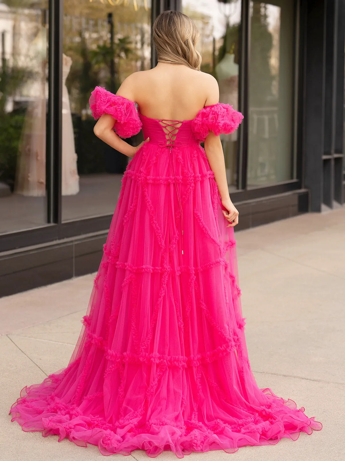 Lainey |A-Line Strapless Ruffles Long Formal Dress with Puff Sleeves