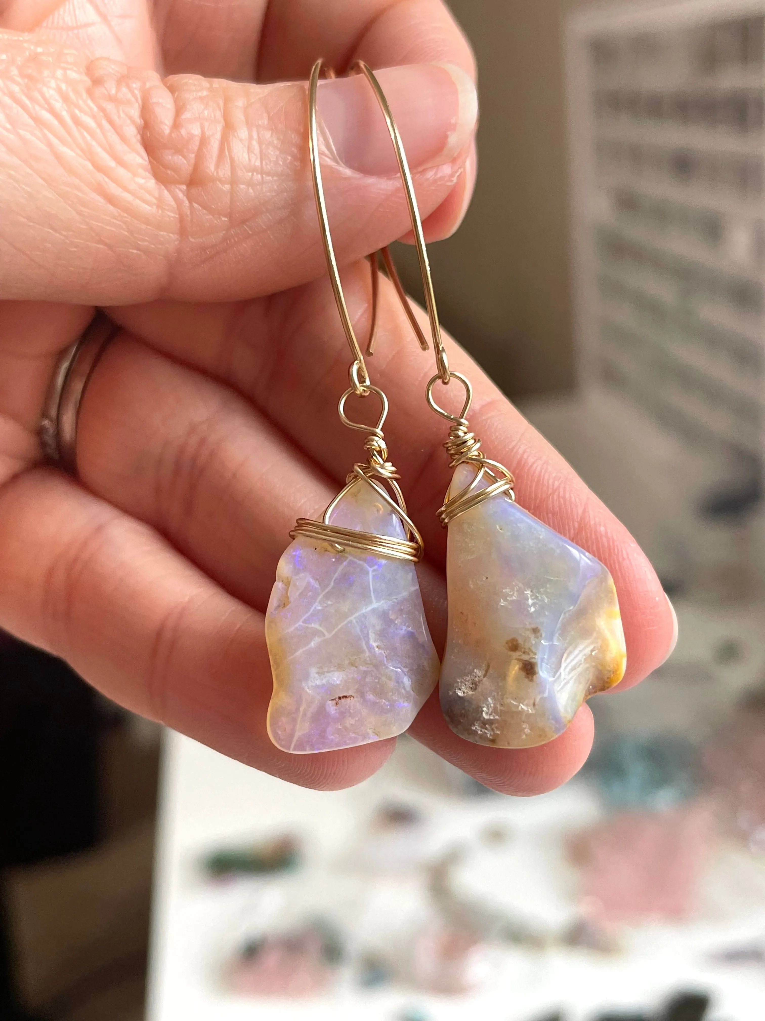 Large Australian Opal Dangle  Earrings Gold Filled