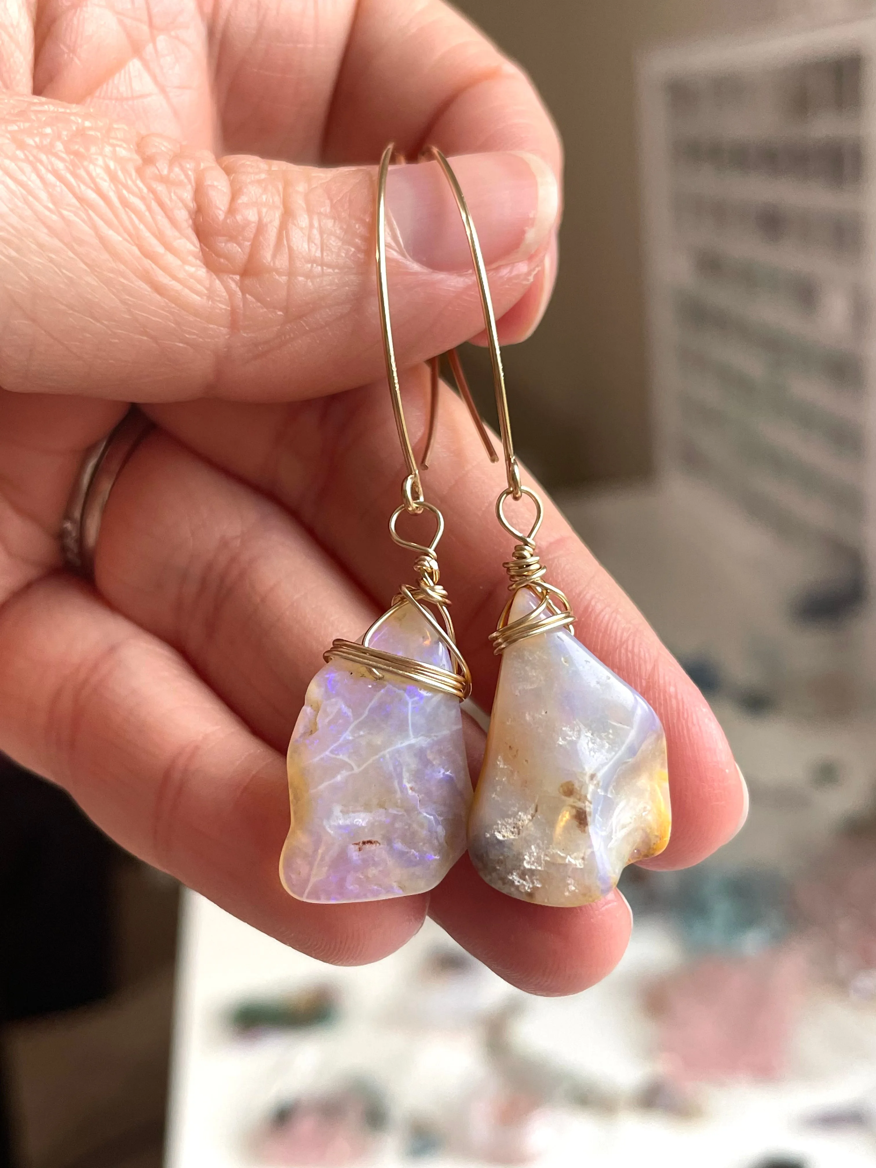 Large Australian Opal Dangle  Earrings Gold Filled