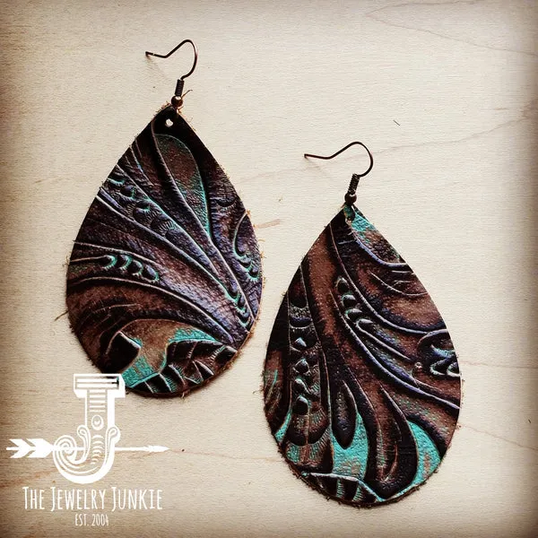 Leather Teardrop Earrings in Turquoise Brown Floral