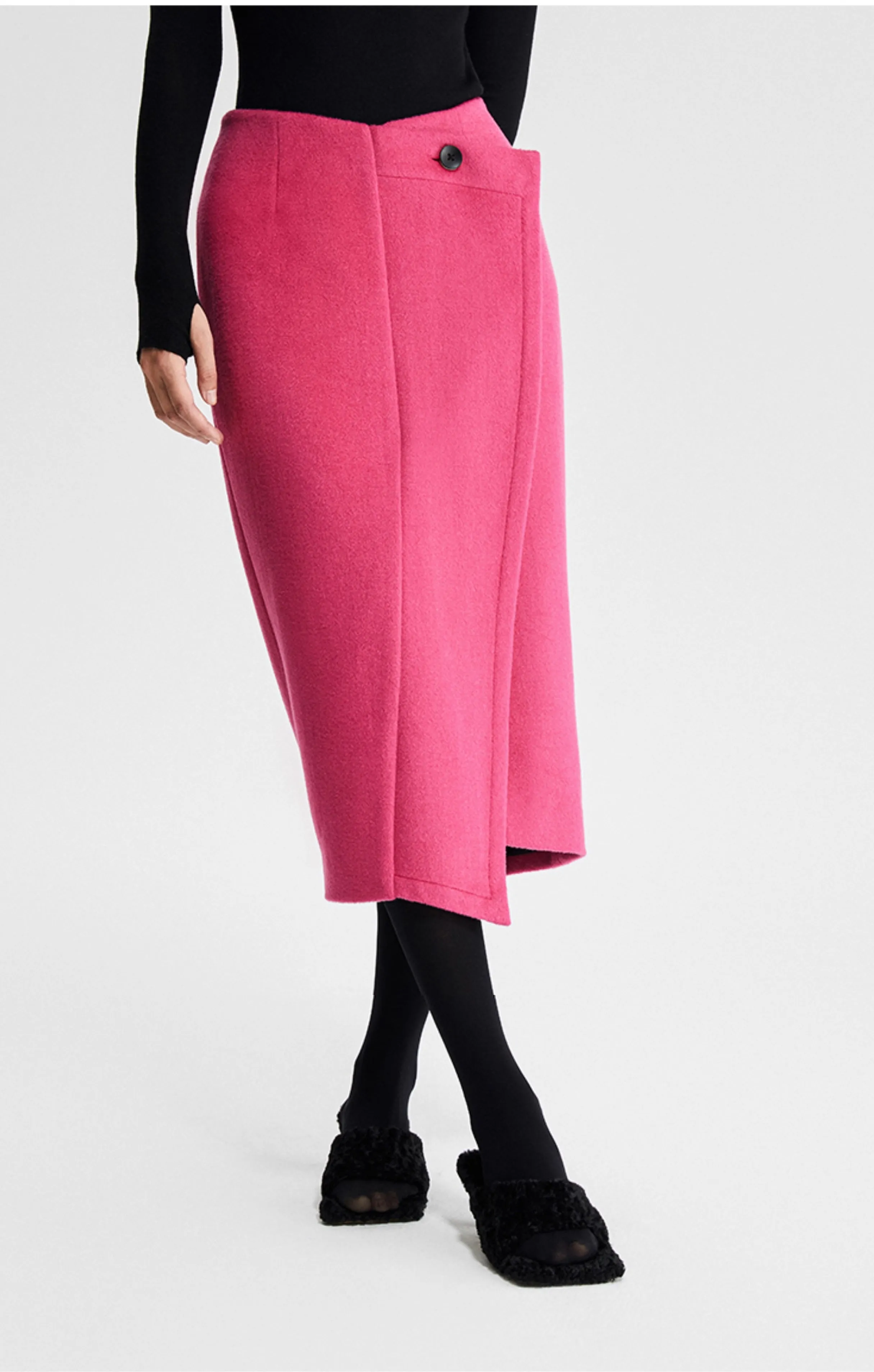 Ledim W pink fall winter pink tweed ruffle split pencil skirt  - Impio