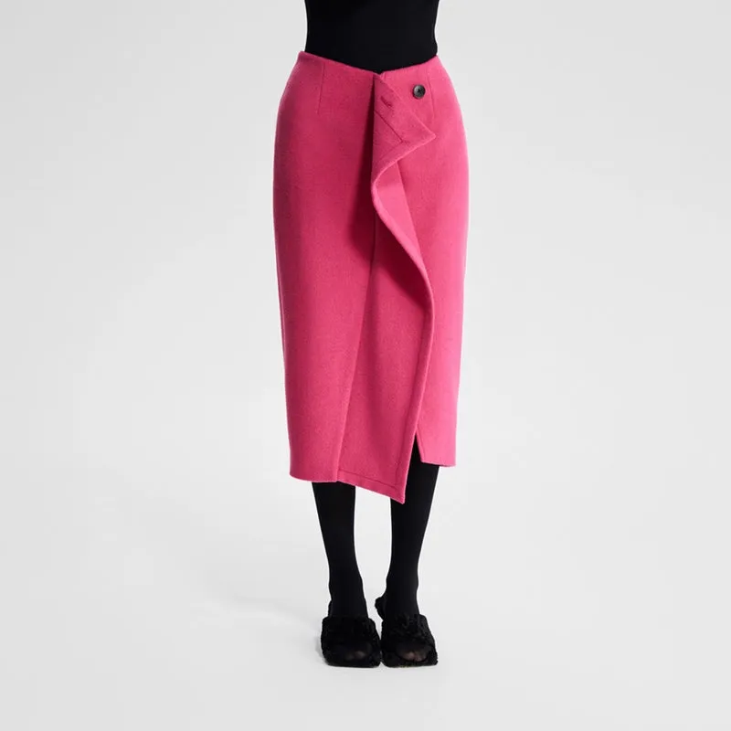 Ledim W pink fall winter pink tweed ruffle split pencil skirt  - Impio