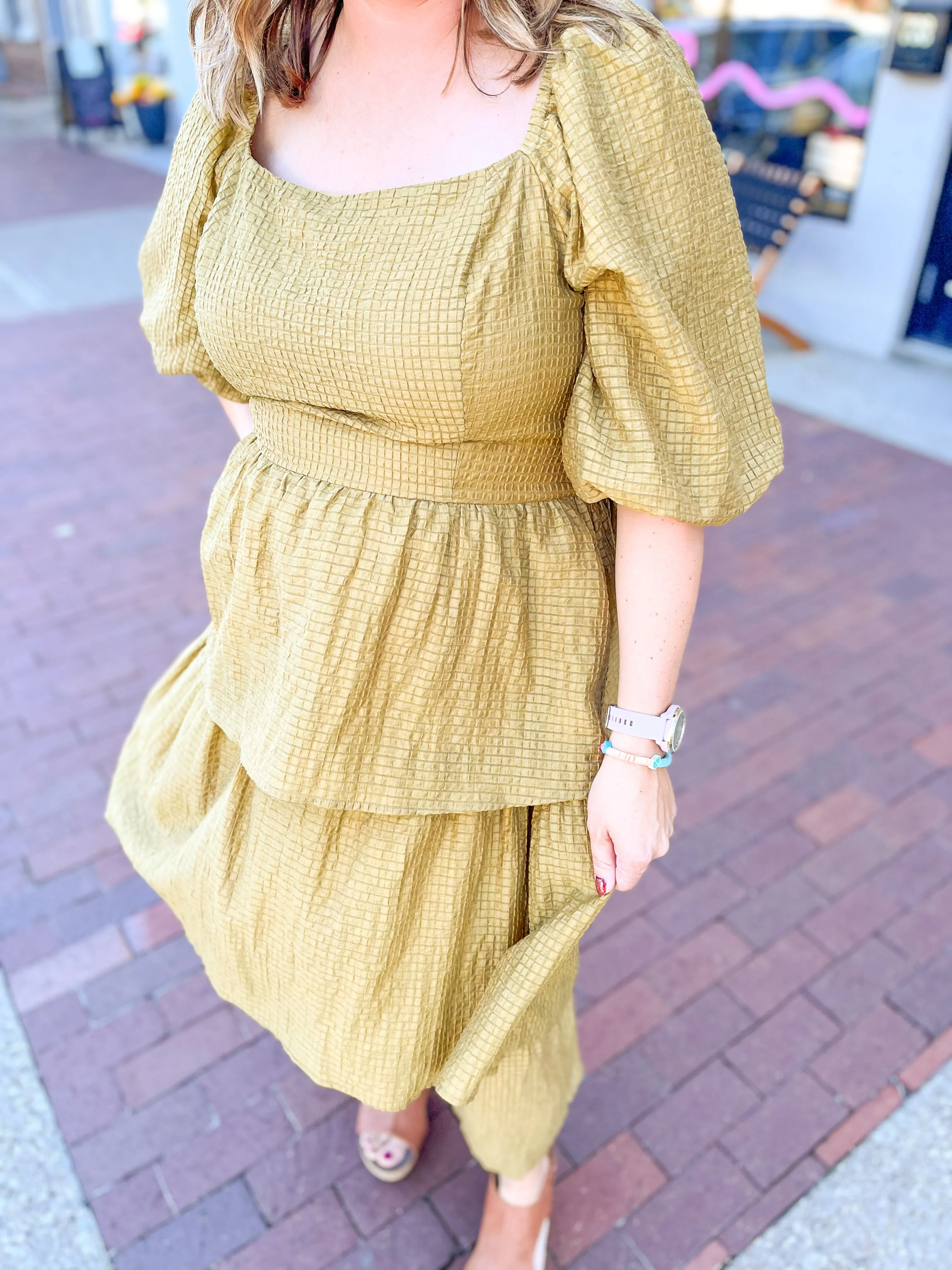 Light Olive Grid Textured Midi Dress