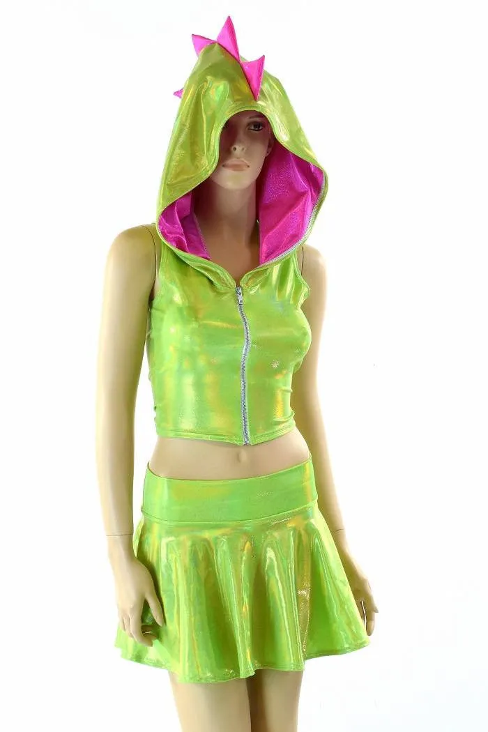 Lime Holographic Crop Hoodie & Skirt Set