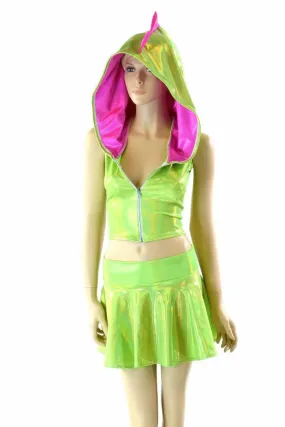 Lime Holographic Crop Hoodie & Skirt Set