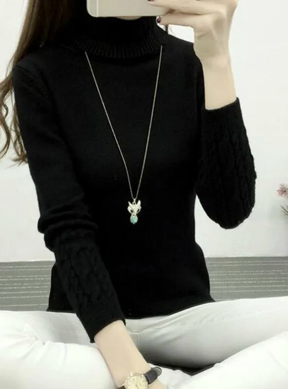 Long Sleeve Knitted High Neck Women Sweaters