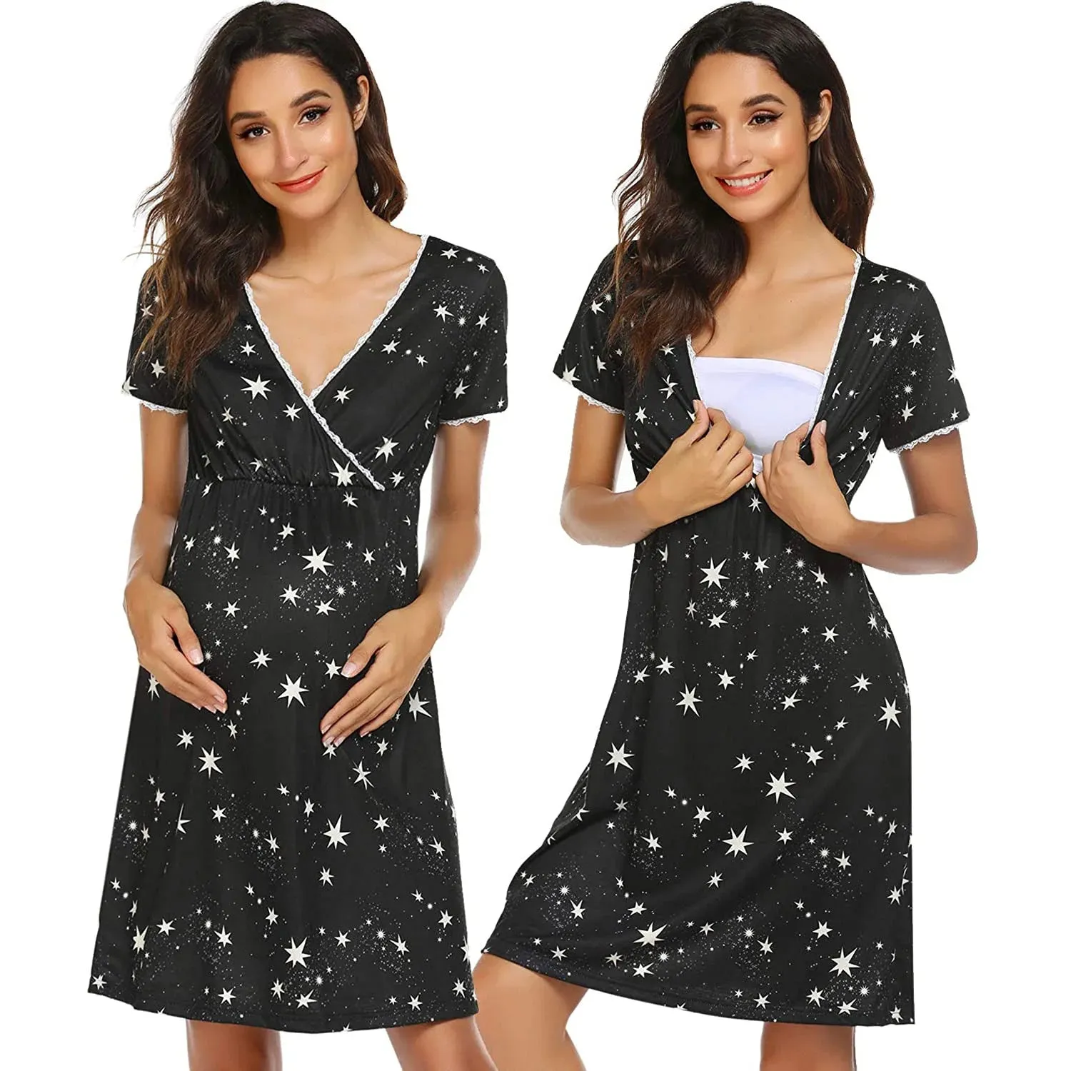 Maternity Sleepwear Women 3 in 1 Delivery/Labor/Nursing Nightgown Short Sleeve Pleated Breastfeeding Sleep Dress Ropa Mujer