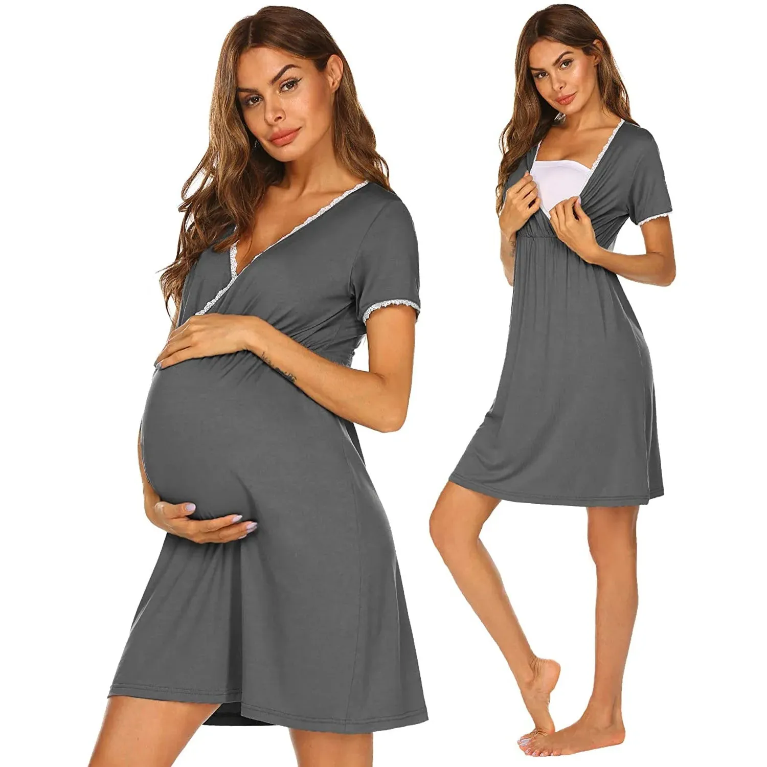 Maternity Sleepwear Women 3 in 1 Delivery/Labor/Nursing Nightgown Short Sleeve Pleated Breastfeeding Sleep Dress Ropa Mujer