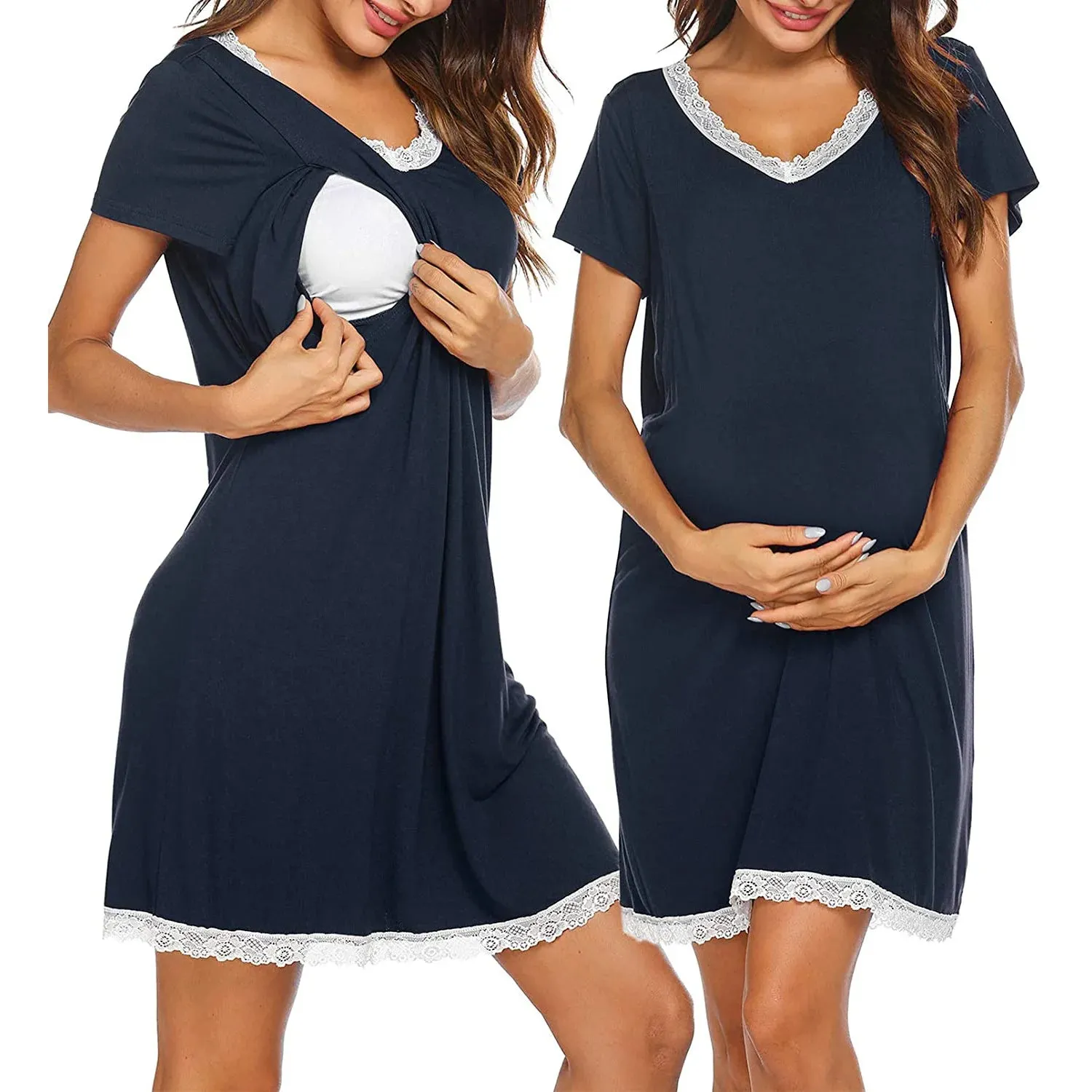 Maternity Sleepwear Women 3 in 1 Delivery/Labor/Nursing Nightgown Short Sleeve Pleated Breastfeeding Sleep Dress Ropa Mujer