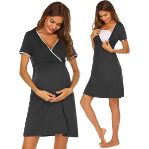 Maternity Sleepwear Women 3 in 1 Delivery/Labor/Nursing Nightgown Short Sleeve Pleated Breastfeeding Sleep Dress Ropa Mujer