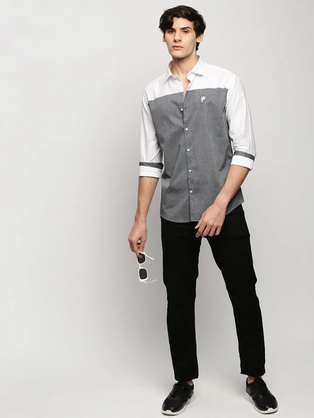 Men Grey Colourblock Casual Casual Shirts